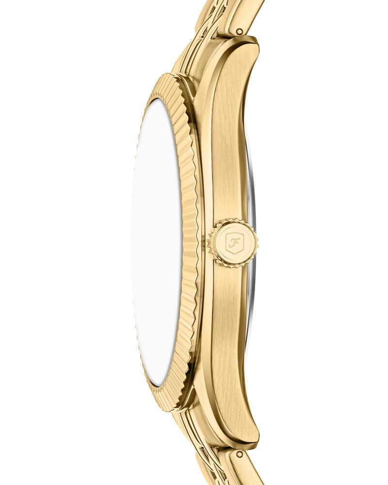 Campbell watch side profile showing fluted bezel and gold-tone stainless steel case