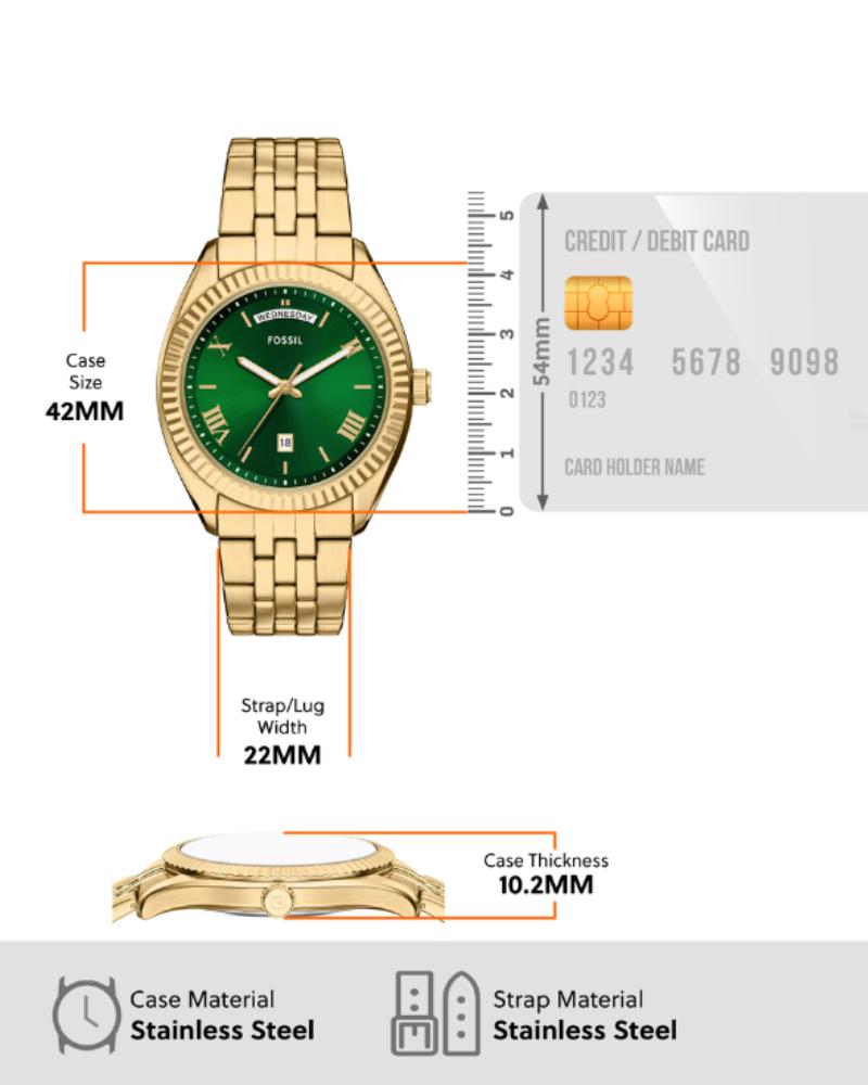Campbell watch specifications showing 42mm case, 22mm strap width, 10.2mm thickness