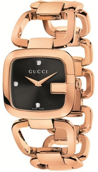 G-Gucci YA125409 women's watch angled view showing black dial and rose gold bracelet
