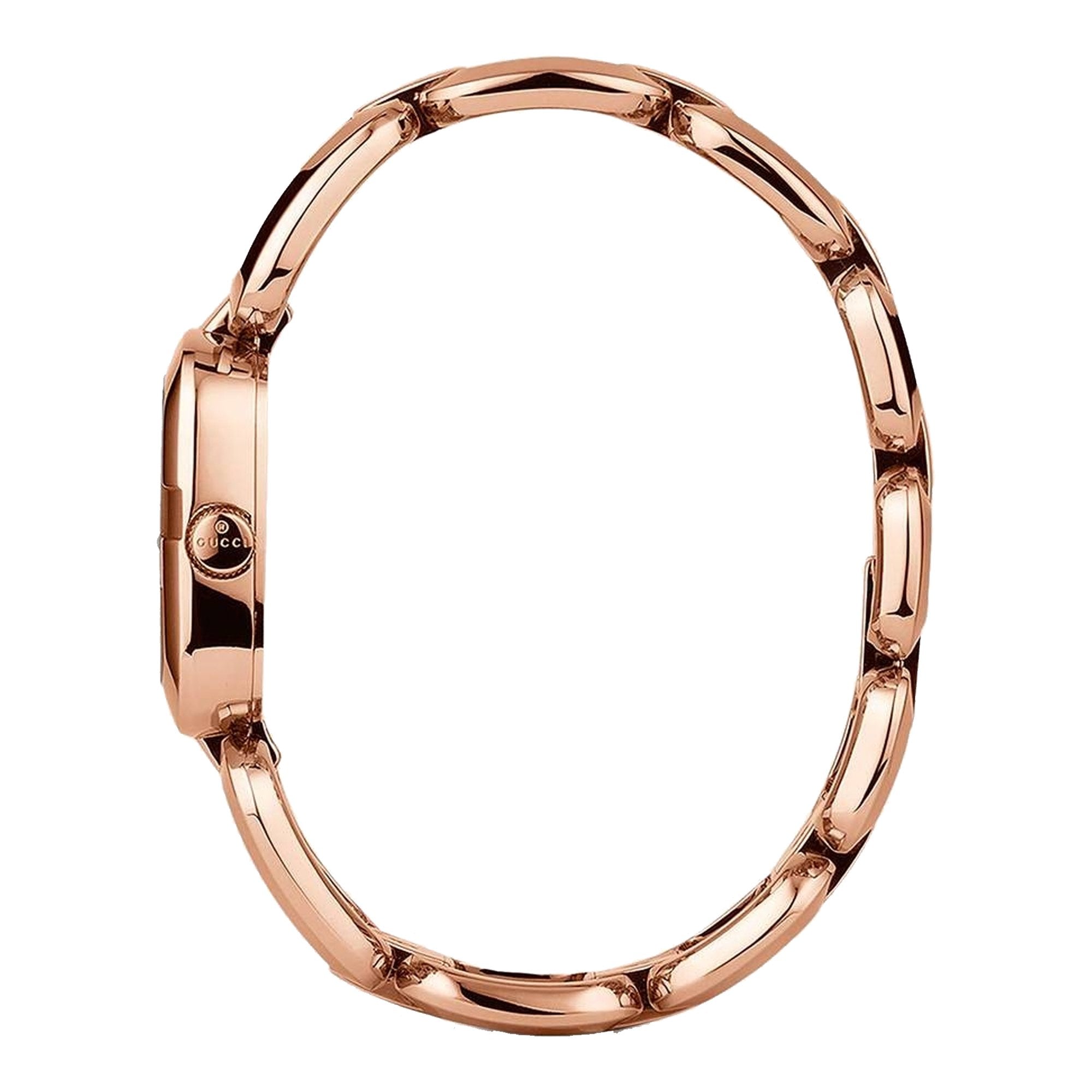 G-Gucci YA125409 watch bracelet side view showing rose gold-tone steel construction
