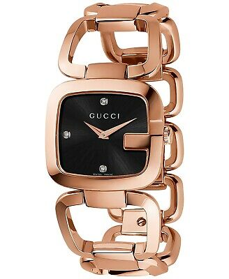 G-Gucci black dial women's watch with diamond hour markers and rose gold case