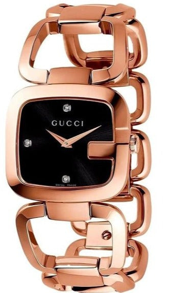 G-Gucci women's watch with black dial, rose gold-tone steel case and linked bracelet