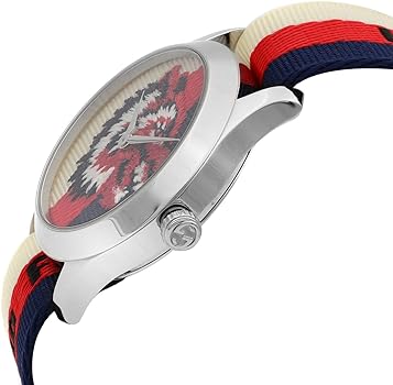 G-Timeless 38mm watch angled side view showing case and striped band