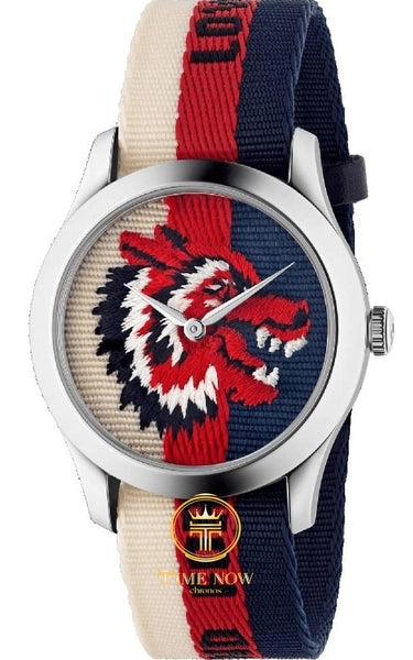 G-Timeless 38mm watch with lion emblem and tri-color striped strap