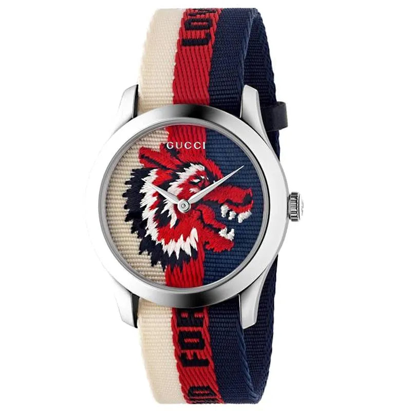 G-Timeless 38mm watch with embroidered lion dial and Gucci branding
