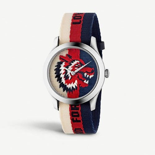 G-Timeless 38mm watch with striped strap and embroidered lion face dial