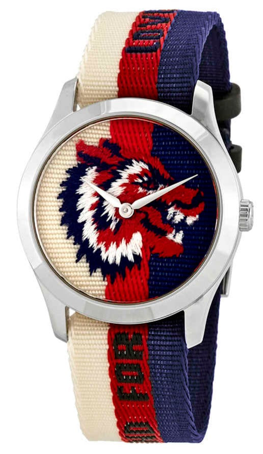 G-Timeless 38mm watch with lion motif dial and red, white, navy striped strap