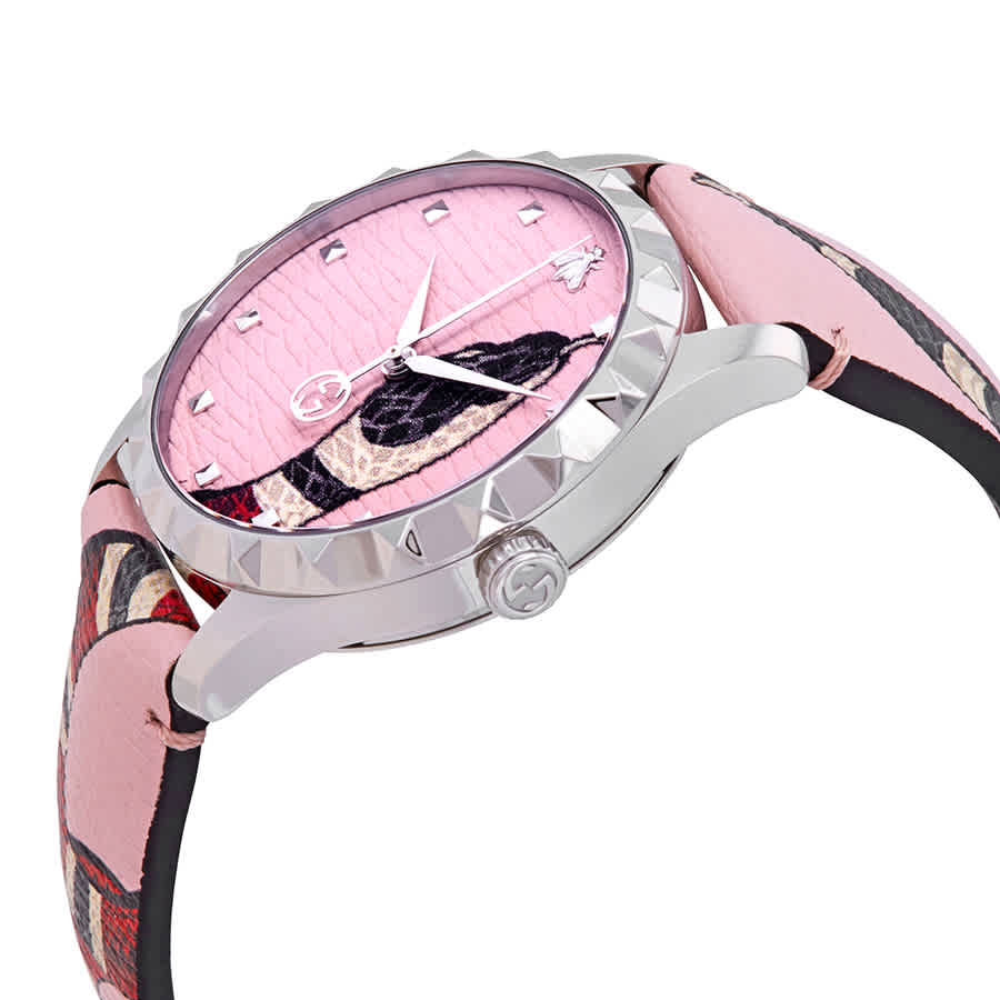 G-Timeless 38mm watch side angle with pink strap and snake design