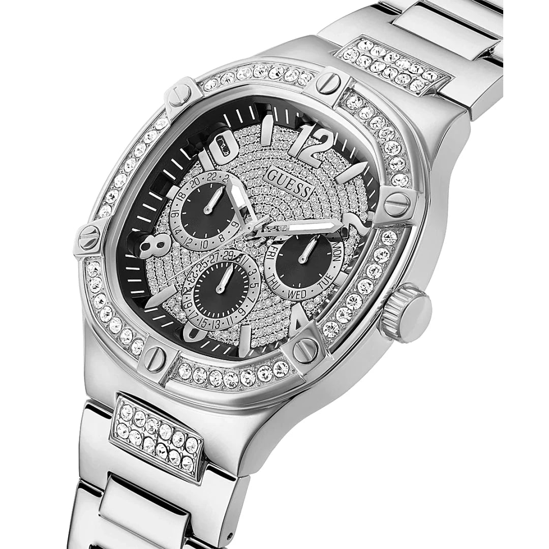 Guess Duke men's watch at angle displaying crystal-set bezel, black dial, three subdials, and bracelet