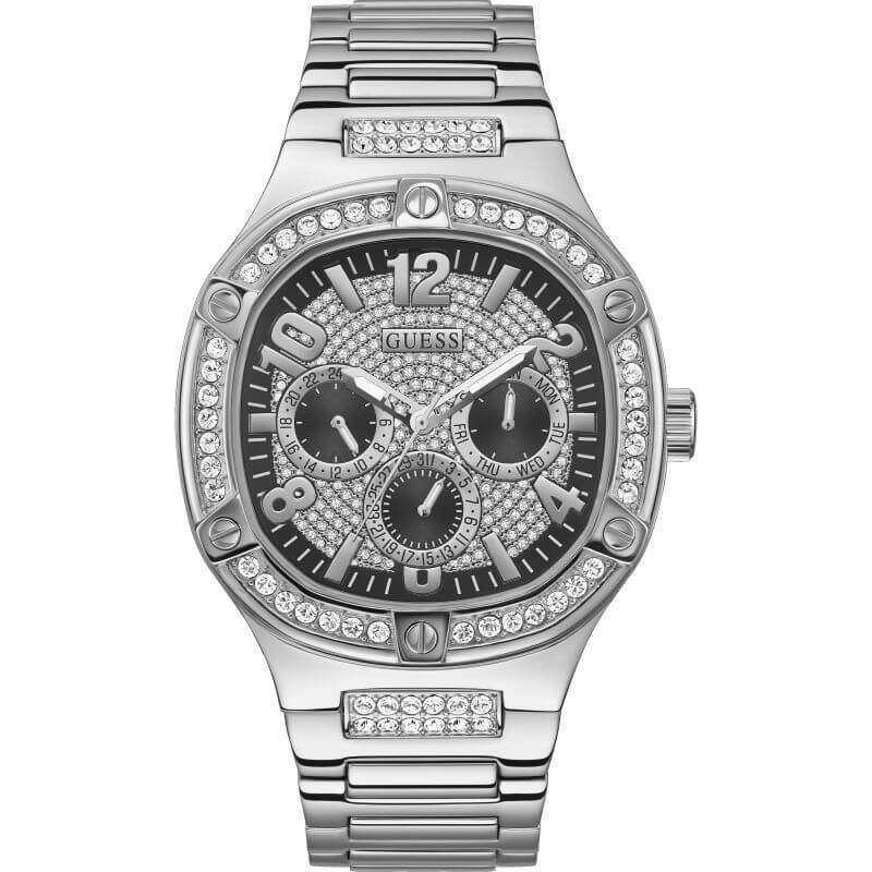 Guess Duke men's chronograph watch with crystal-embellished silver case, black dial with three subdials, and matching bracelet
