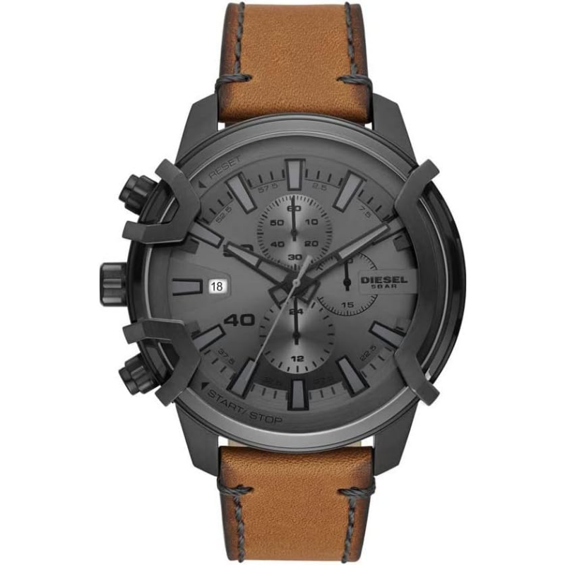 Griffed chronograph watch with gunmetal case, gray dial, brown leather strap