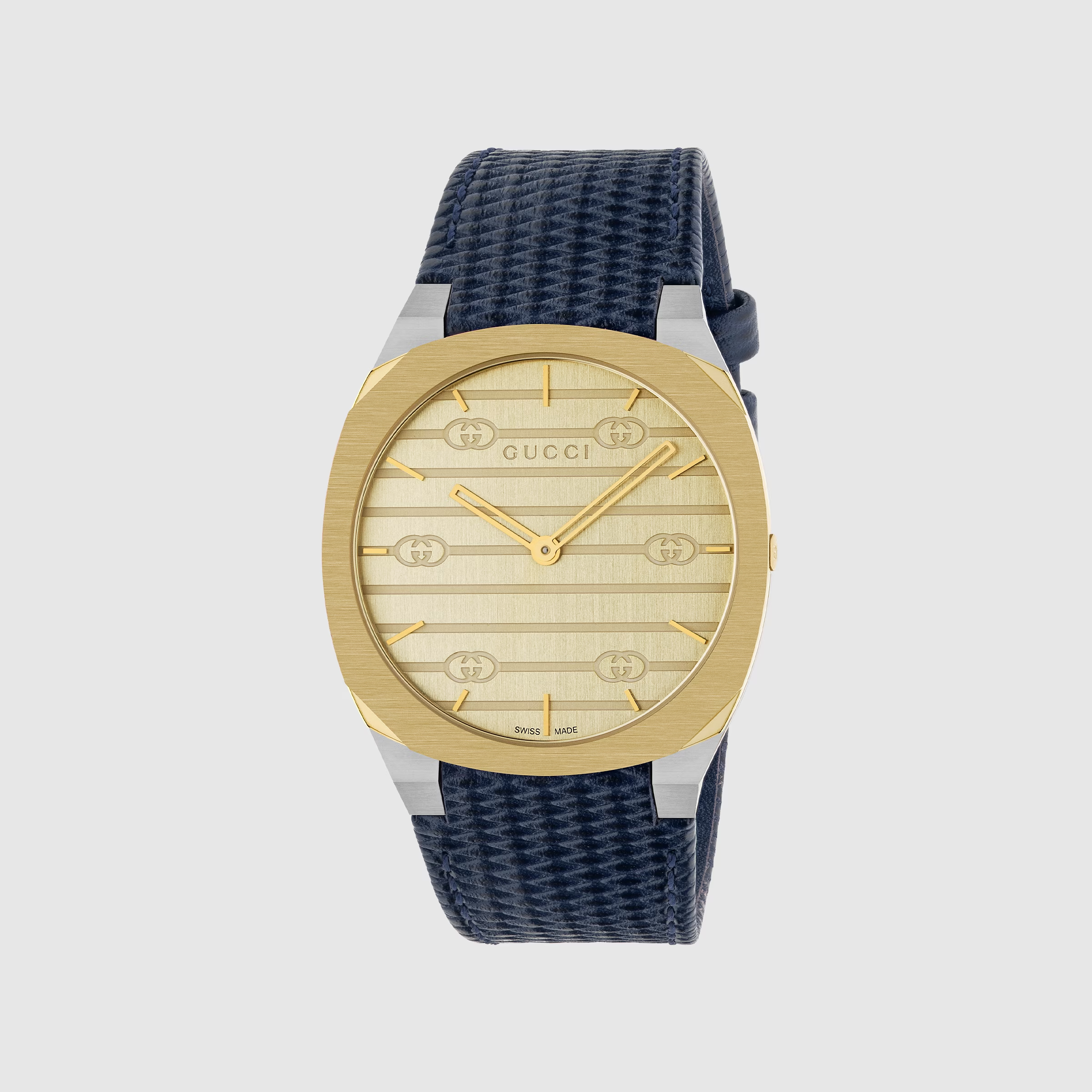 GUCCI 25H 38MM quartz watch with gold plated case, champagne dial, and navy leather strap
