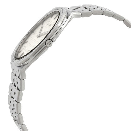 Gucci 25H watch shown from side angle displaying case profile and steel bracelet