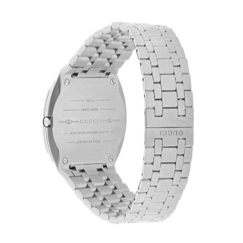 Gucci 25H watch case back showing stainless steel construction and water resistant marking