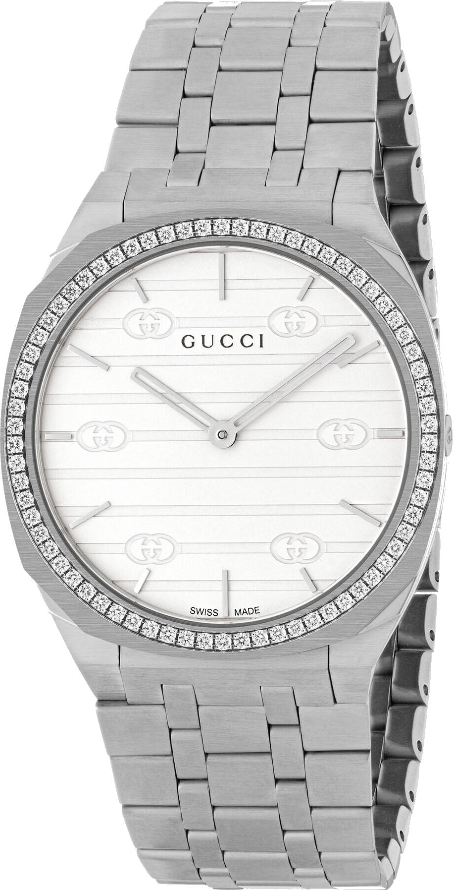 Gucci 25H women's watch with silver dial, diamond bezel, and silver steel bracelet