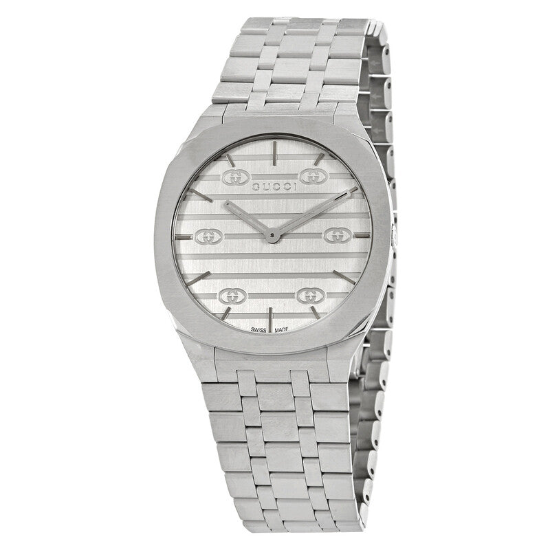 Gucci 25H women's watch with silver dial and stainless steel bracelet