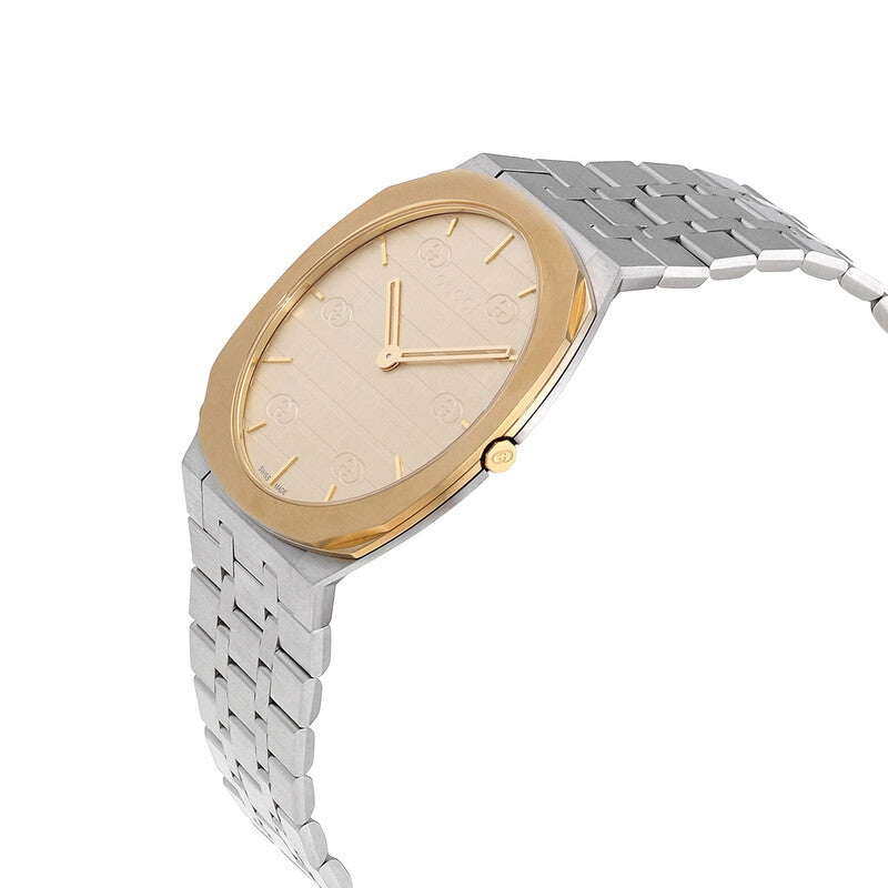 Gucci 25H watch side angle view showing gold case and steel link bracelet