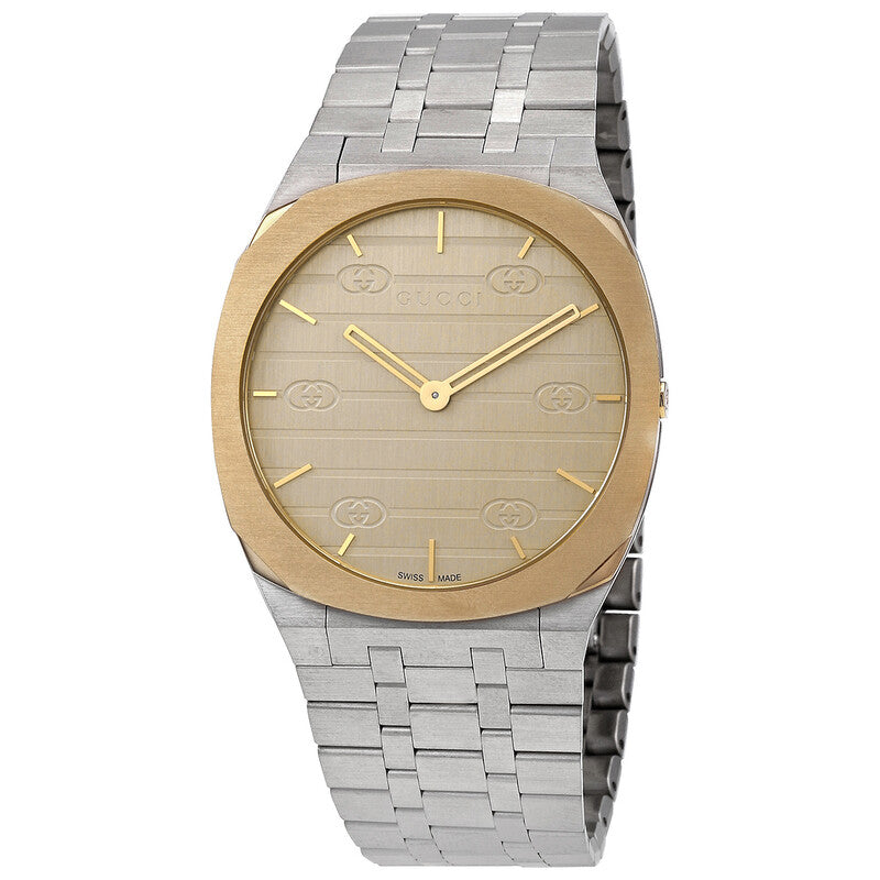 Gucci 25H quartz watch with champagne dial, gold bezel, and steel bracelet