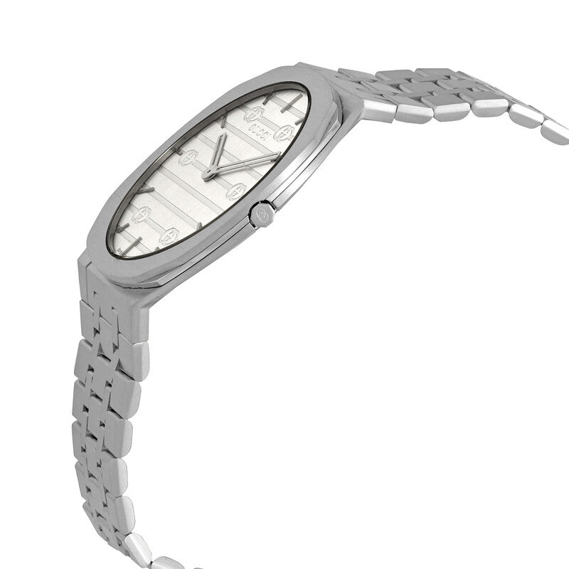 Side angle view of Gucci 25H men's watch with silver dial and bracelet