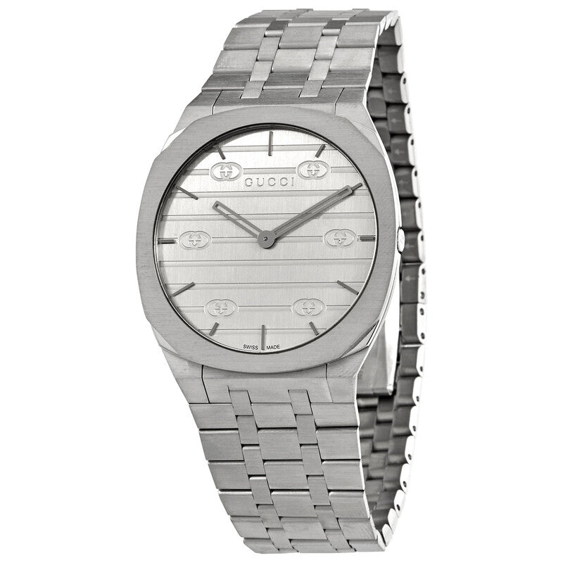 Gucci 25H quartz men's watch with silver dial and stainless steel bracelet