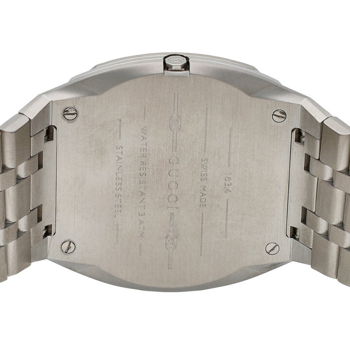 Gucci 25H caseback showing Swiss Made and water resistant specifications