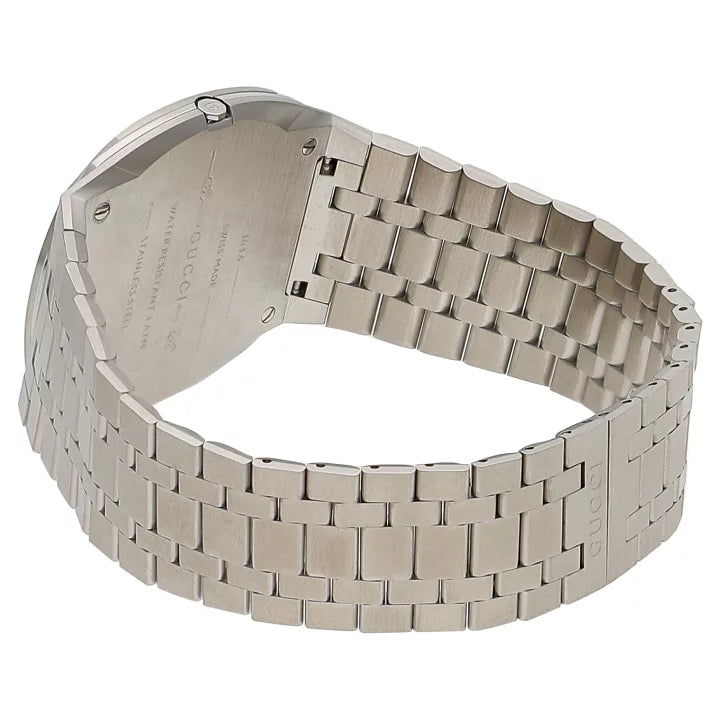 Gucci 25H watch caseback and bracelet detail showing stainless steel construction