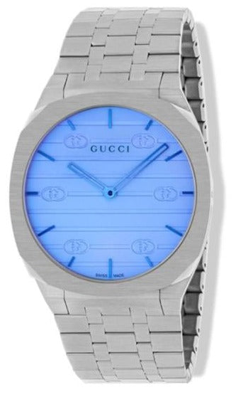 Gucci 25H quartz watch with blue dial and silver steel bracelet