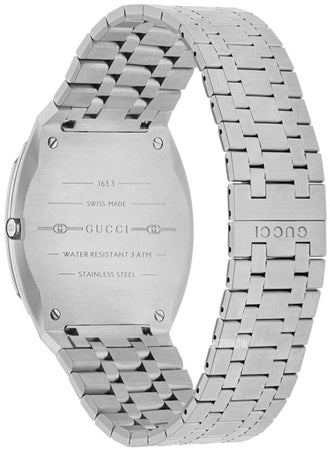 Gucci 25H watch with blue dial, silver steel case and bracelet strap