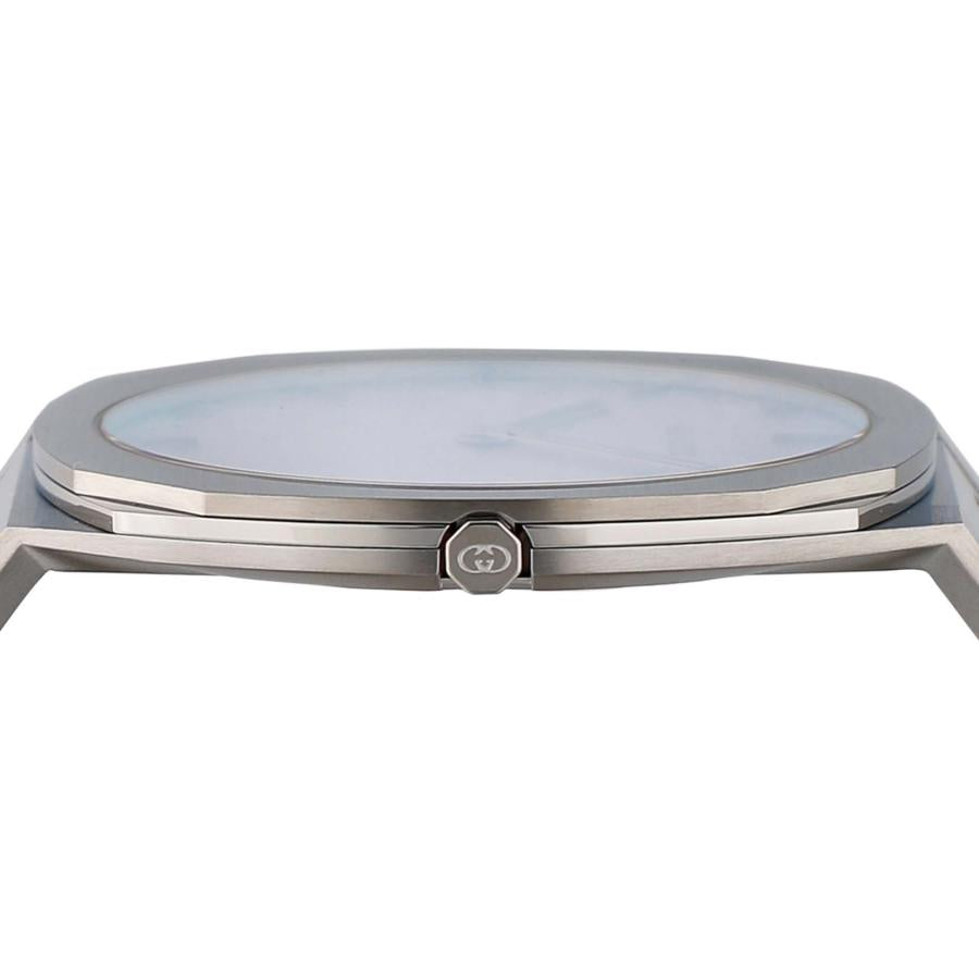 Gucci 25H watch side view with crown detail and silver steel case