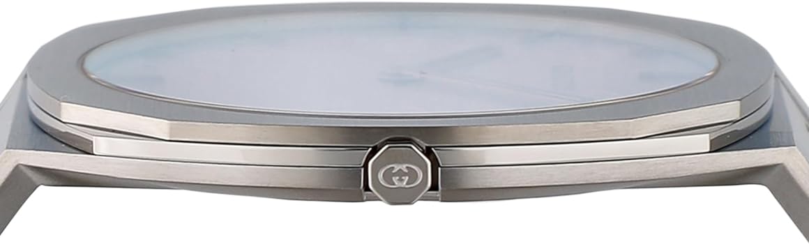 Gucci 25H watch side profile showing silver steel case and dial edge