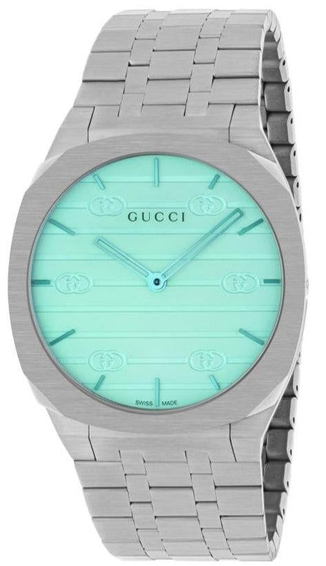 Gucci 25H ladies watch with turquoise dial and stainless steel bracelet
