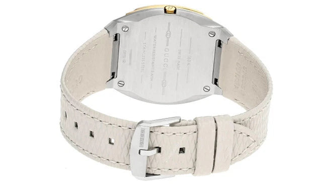Gucci 25H watch caseback with white leather strap and stainless steel closure