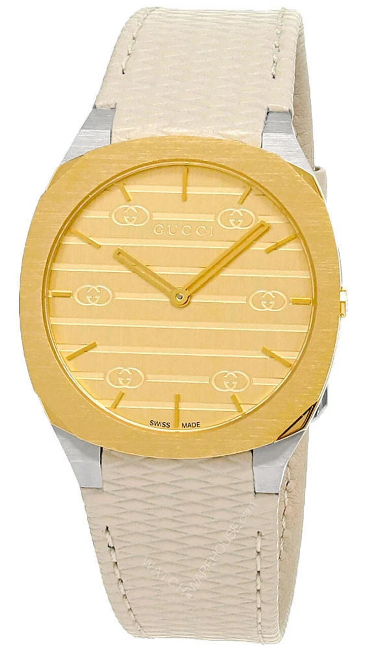 Gucci 25H watch with golden brass dial, white leather strap, and interlocking GG logo pattern
