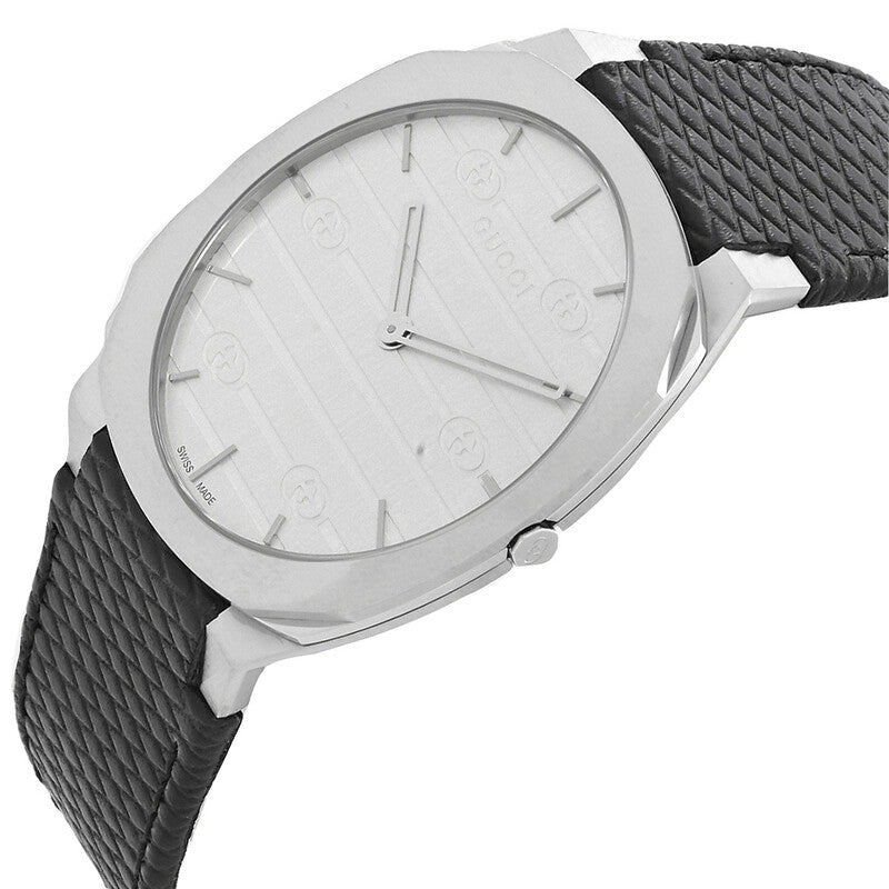 Gucci 25H ladies watch at angle showing silver dial and black textured leather strap