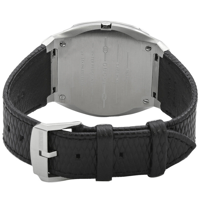 Gucci 25H watch caseback and black leather strap with buckle closure