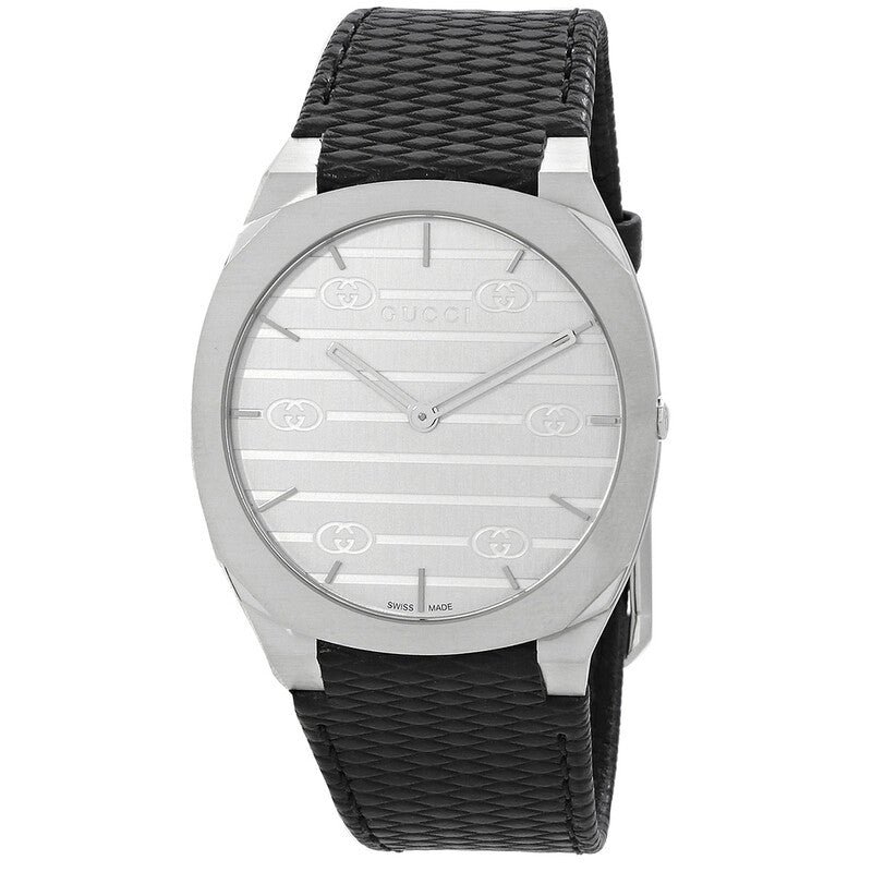 Gucci 25H 38MM quartz ladies watch with silver dial and black leather strap