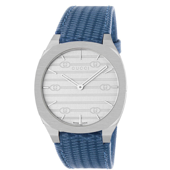 Gucci 25H watch with silver dial, cushion case, and blue leather strap