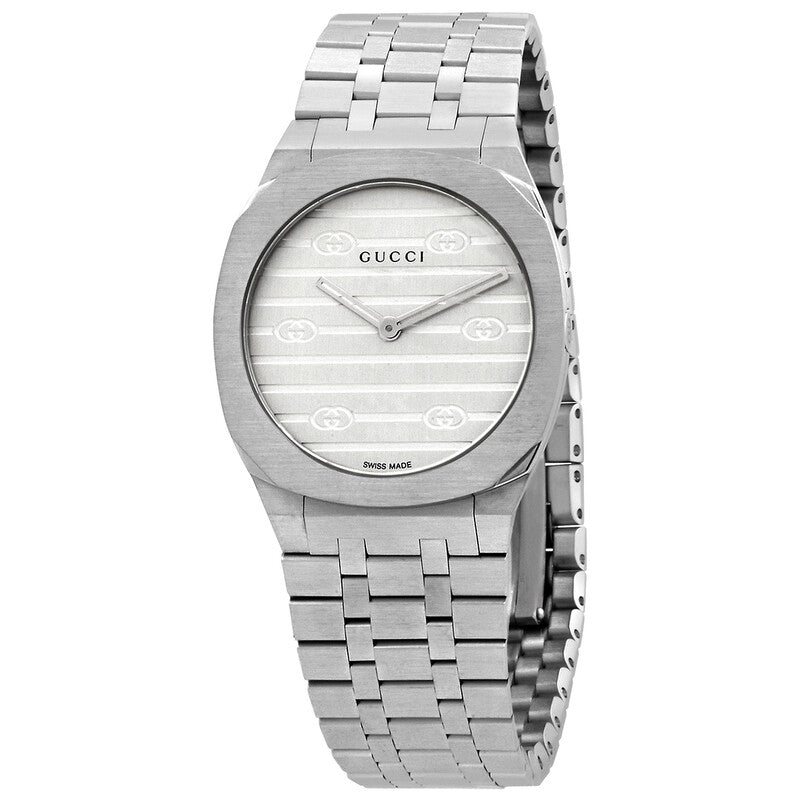 Gucci 25H silver dial ladies watch with stainless steel bracelet and oval case