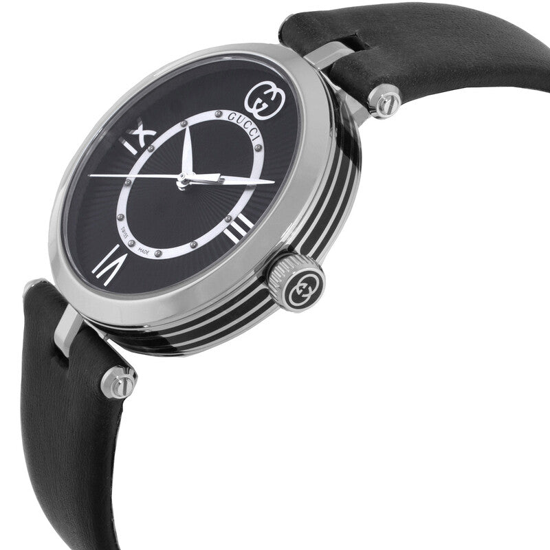 Gucci 25H ladies watch angled view showing black leather strap and dial detail