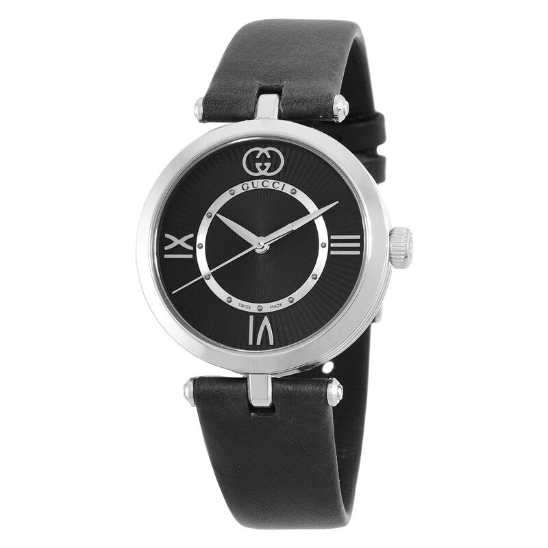 Gucci 25H black dial ladies watch with Roman numerals and steel case