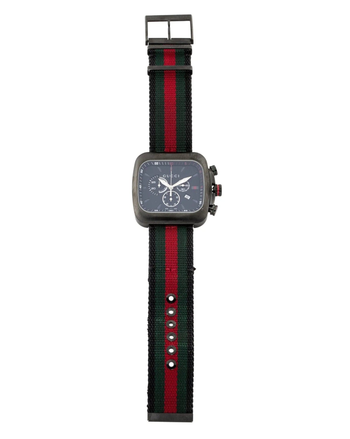 Gucci Coupe watch side view displaying chronograph subdials and NATO strap detail