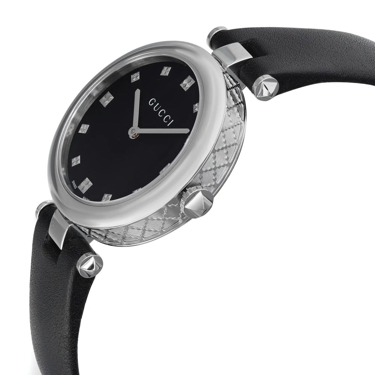 Side angle view of Gucci Diamantissima watch showing stainless steel case profile and black leather strap