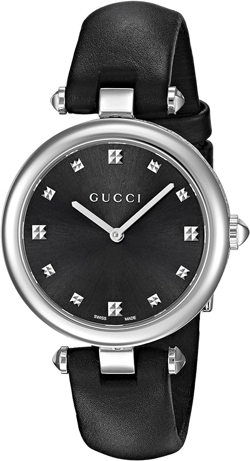 Gucci Diamantissima women's watch with black dial, diamond markers, stainless steel case, and black leather strap