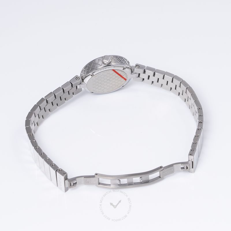 Gucci Diamantissima watch at angle showing case and stainless steel bracelet detail