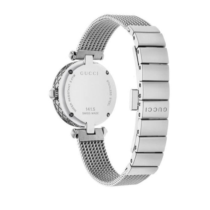 Caseback of Gucci Diamantissima YA141504 showing stainless steel back and mesh strap