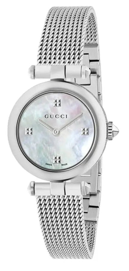 Gucci Diamantissima ladies watch with mother of pearl dial and stainless steel mesh strap
