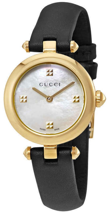 Gucci Diamantissima watch with gold plated round case, mother of pearl dial, and black leather strap