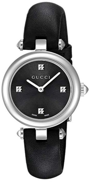 Gucci Diamantissima women's watch with black dial and silver stainless steel case on black leather band