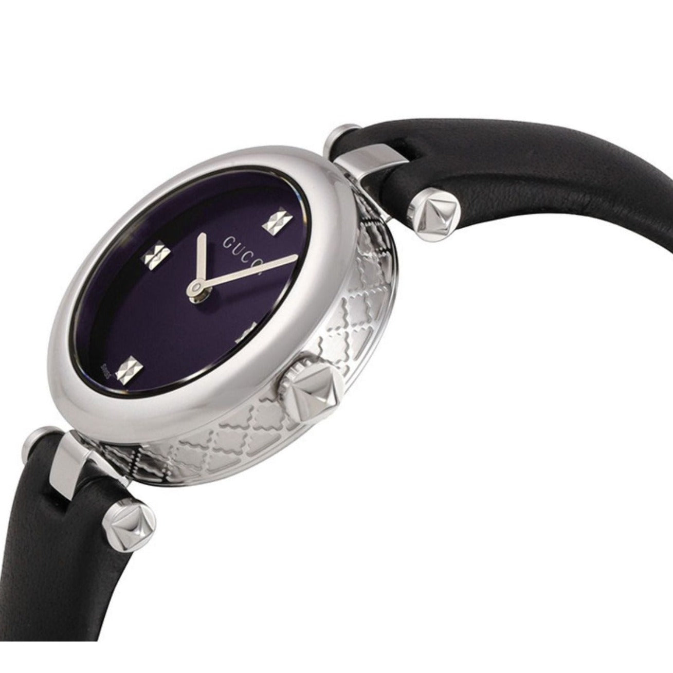 Gucci Diamantissima watch side view showing quilted leather band and diamond markers on black dial