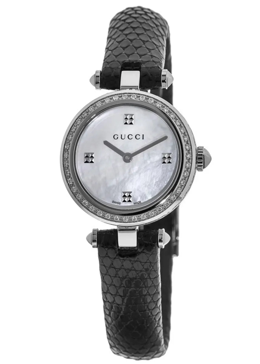 Gucci Diamantissima quartz ladies watch with white dial, diamond bezel, and black leather strap